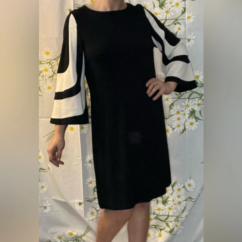 NORDSTROM MUSE black white abstract wide statement sleeves sheath midi dress - Picture 3 of 8